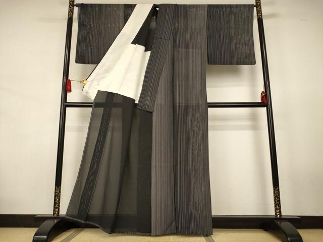 平和屋着物＊夏物　小紋　絽　縞　黒地　正絹　逸品　AABJ8070jd