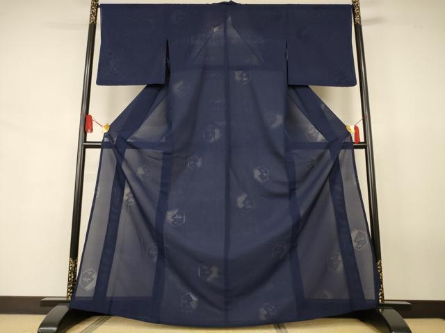 平和屋着物＊夏物　色無地　亀甲笹紋紗　藍鉄色　正絹　逸品　AABJ8078jd