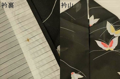 平和屋着物＊夏物　洗える最高級着物　＜英＞はなぶさ謹製　小紋　絽　芝舞蝶文　黒地　洗える着物　AABJ8090jd