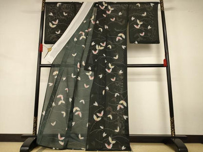 平和屋着物＊夏物　洗える最高級着物　＜英＞はなぶさ謹製　小紋　絽　芝舞蝶文　黒地　洗える着物　AABJ8090jd