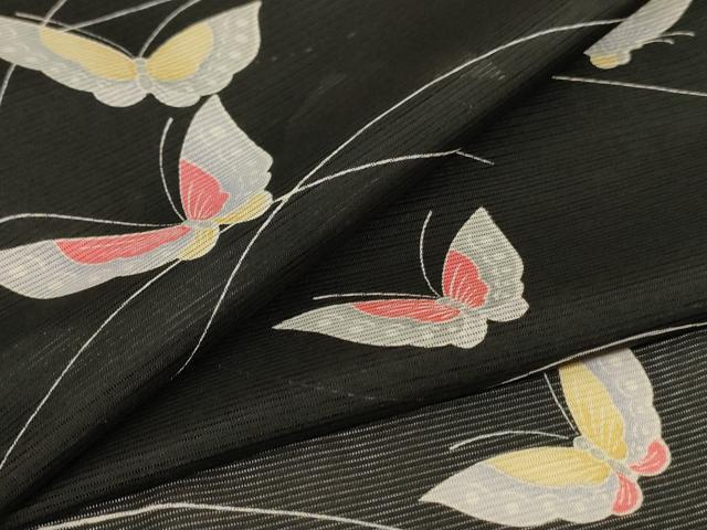 平和屋着物＊夏物　洗える最高級着物　＜英＞はなぶさ謹製　小紋　絽　芝舞蝶文　黒地　洗える着物　AABJ8090jd