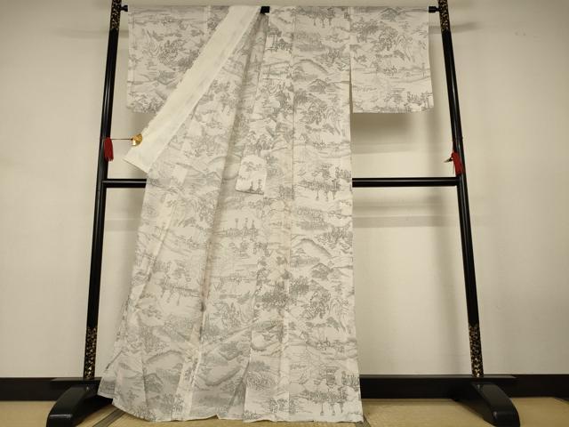 平和屋着物＊夏物　小紋　絽　風景文　洗える着物　AABJ8094jd