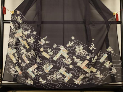 平和屋着物＊夏物　訪問着　絽　駒刺繍　流水短冊花文　金彩　正絹　逸品　AABJ8106jd