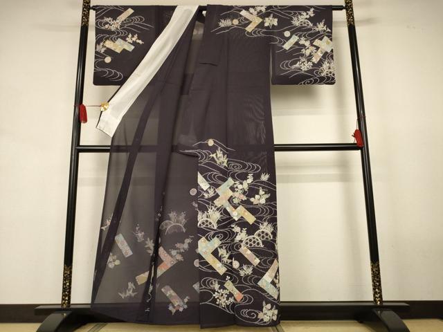 平和屋着物＊夏物　訪問着　絽　駒刺繍　流水短冊花文　金彩　正絹　逸品　AABJ8106jd