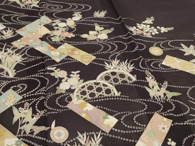 平和屋着物＊夏物　訪問着　絽　駒刺繍　流水短冊花文　金彩　正絹　逸品　AABJ8106jd