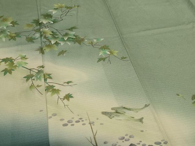 平和屋着物＊夏物　訪問着　絽縮緬　枝葉文　魚　暈し染め　金彩　正絹　逸品　AABJ8112jd