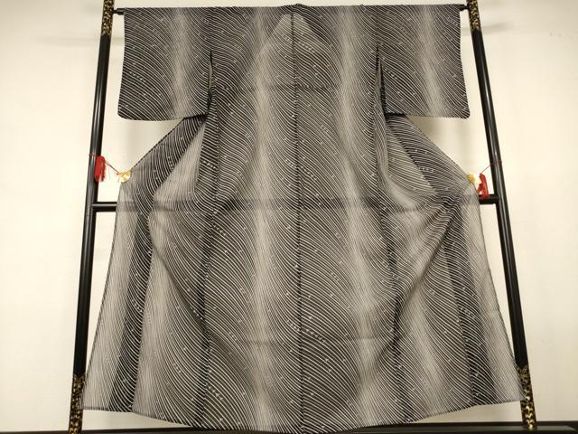平和屋着物＊夏物　小紋　絽　よろけ縞　黒地　洗える着物　AABJ8125jd