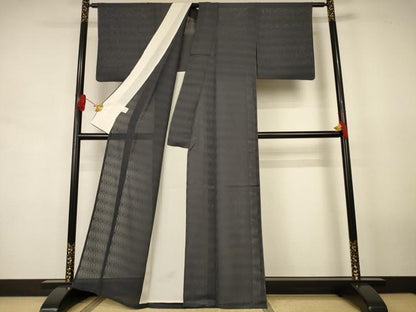 平和屋着物＊夏物　色無地　菱紋紗　藍墨茶色　正絹　逸品　AABJ8127jd