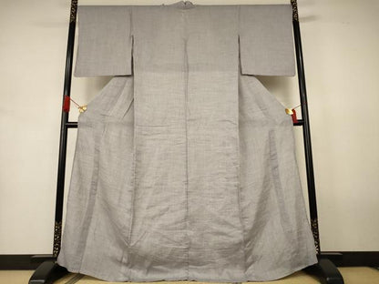 平和屋着物＊夏物　織物の名産　近江ちぢみ　色無地　銀鼠色　麻　逸品　AABJ8132jd