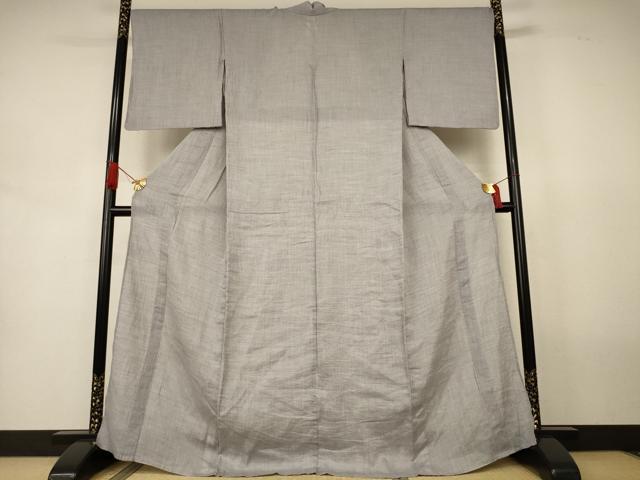 平和屋着物＊夏物　織物の名産　近江ちぢみ　色無地　銀鼠色　麻　逸品　AABJ8132jd