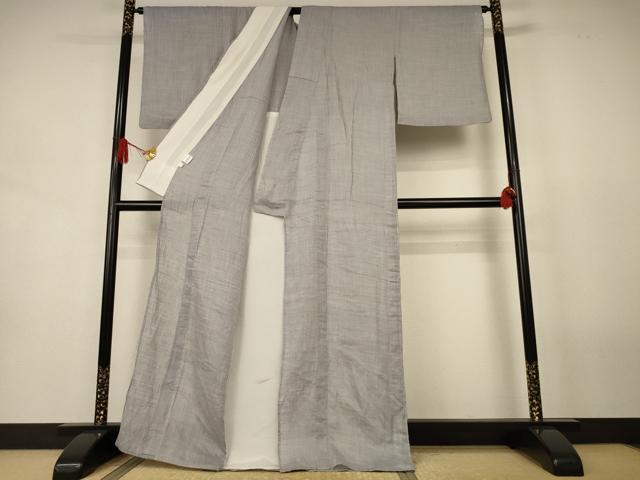平和屋着物＊夏物　織物の名産　近江ちぢみ　色無地　銀鼠色　麻　逸品　AABJ8132jd