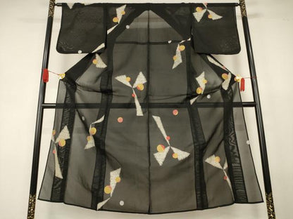 平和屋着物＊夏物　小紋　紗　幾何学丸文　黒地　金糸　正絹　逸品　AABJ8136jd
