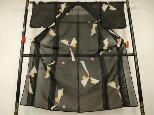 平和屋着物＊夏物　小紋　紗　幾何学丸文　黒地　金糸　正絹　逸品　AABJ8136jd