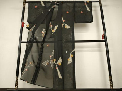 平和屋着物＊夏物　小紋　紗　幾何学丸文　黒地　金糸　正絹　逸品　AABJ8136jd