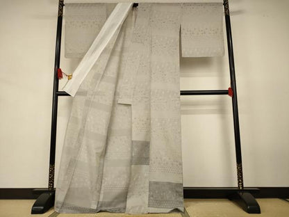 平和屋着物＊夏物　訪問着　お召　紗　横段吉祥花文　ロング丈　正絹　逸品　AABJ8146jd