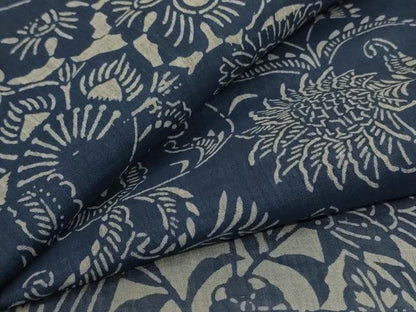平和屋着物＊夏物　小千谷ちぢみ　藍　型染め　横段草花文　麻　逸品　AABJ8148jd