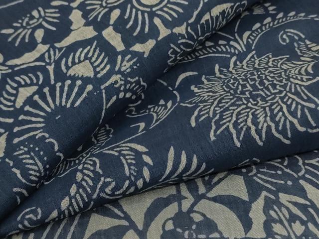 平和屋着物＊夏物　小千谷ちぢみ　藍　型染め　横段草花文　麻　逸品　AABJ8148jd