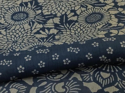 平和屋着物＊夏物　小千谷ちぢみ　藍　型染め　横段草花文　麻　逸品　AABJ8148jd