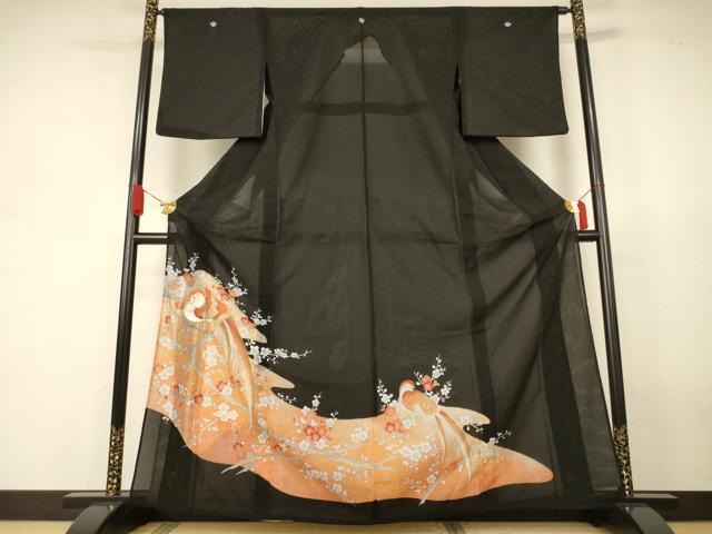 平和屋着物＊夏物　黒留袖　絽　刺繍　花鳥文　金彩　洗える着物　AABJ8151jd