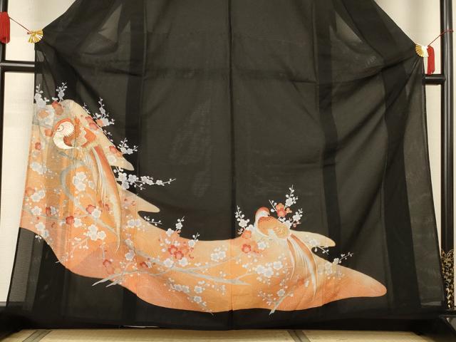 平和屋着物＊夏物　黒留袖　絽　刺繍　花鳥文　金彩　洗える着物　AABJ8151jd