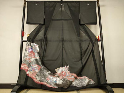 平和屋着物＊夏物　黒留袖　絽　立波扇面花鳥文　銀彩　洗える着物　AABJ8152jd