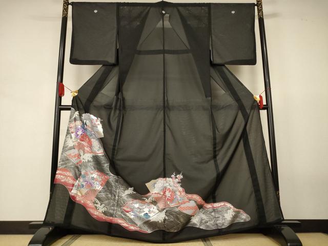 平和屋着物＊夏物　黒留袖　絽　立波扇面花鳥文　銀彩　洗える着物　AABJ8152jd