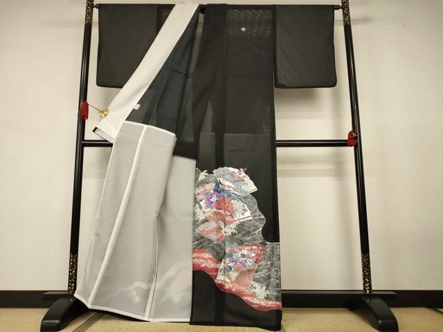 平和屋着物＊夏物　黒留袖　絽　立波扇面花鳥文　銀彩　洗える着物　AABJ8152jd
