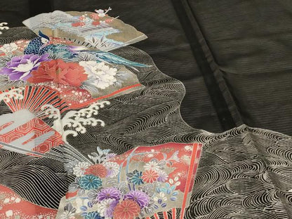 平和屋着物＊夏物　黒留袖　絽　立波扇面花鳥文　銀彩　洗える着物　AABJ8152jd