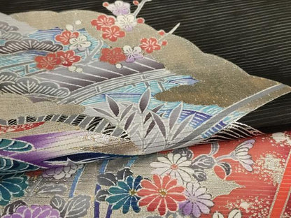 平和屋着物＊夏物　黒留袖　絽　立波扇面花鳥文　銀彩　洗える着物　AABJ8152jd