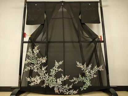 平和屋着物＊夏物　黒留袖　絽　草花文　正絹　逸品　AABJ8153jd