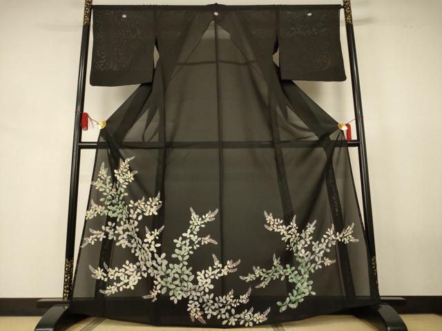 平和屋着物＊夏物　黒留袖　絽　草花文　正絹　逸品　AABJ8153jd
