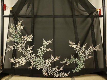 平和屋着物＊夏物　黒留袖　絽　草花文　正絹　逸品　AABJ8153jd
