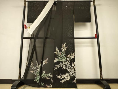 平和屋着物＊夏物　黒留袖　絽　草花文　正絹　逸品　AABJ8153jd