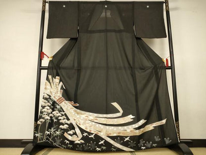 平和屋着物＊夏物　黒留袖　絽　束ね熨斗花文　鶴　正絹　逸品　AABJ8154jd