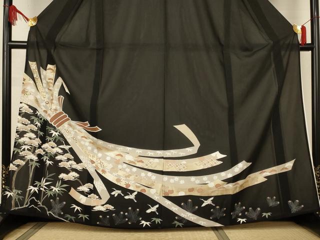 平和屋着物＊夏物　黒留袖　絽　束ね熨斗花文　鶴　正絹　逸品　AABJ8154jd