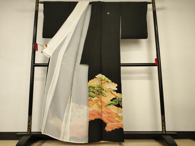 平和屋着物＊夏物　黒留袖　絽　刺繍　立波笹松文　金彩　正絹　逸品　AABJ8155jd