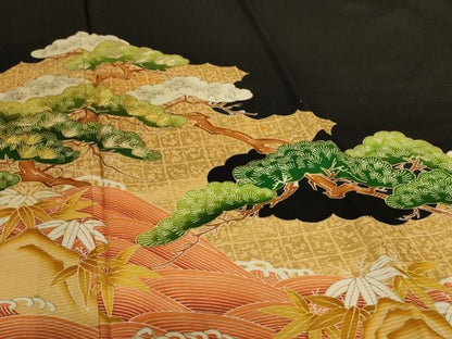 平和屋着物＊夏物　黒留袖　絽　刺繍　立波笹松文　金彩　正絹　逸品　AABJ8155jd