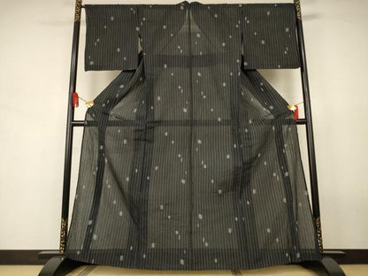 平和屋着物＊夏物　小千谷ちぢみ　変わり縞　黒地　麻　逸品　AABJ8158jd