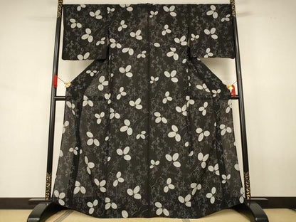 平和屋着物＊夏物　小紋　縦絽　萩　黒地　正絹　逸品　AABJ8159jd