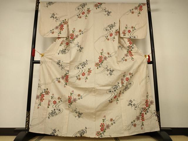 平和屋着物＊夏物　小紋　浴衣兼用　流水草花文　綿　逸品　AABJ8160jd