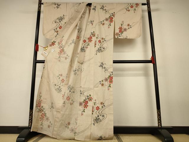 平和屋着物＊夏物　小紋　浴衣兼用　流水草花文　綿　逸品　AABJ8160jd