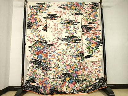 平和屋着物●豪華振袖　友禅　エ霞草花文　高島屋扱い　正絹　逸品　AABJ8162ck