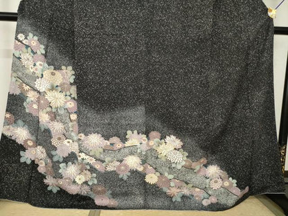 平和屋着物●訪問着　菊尽くし　たたき染め　黒地　金彩　正絹　逸品　AABJ8172ck