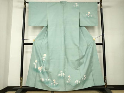 平和屋着物●石川県指定無形文化財　牛首紬　白山工房　手織り　本加賀友禅作家　松元雨佳　訪問着　草花文　正絹　逸品　AABJ8191ck