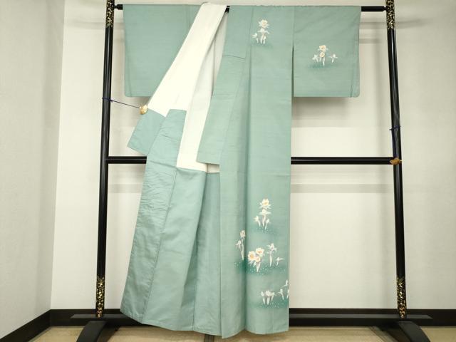 平和屋着物●石川県指定無形文化財　牛首紬　白山工房　手織り　本加賀友禅作家　松元雨佳　訪問着　草花文　正絹　逸品　AABJ8191ck