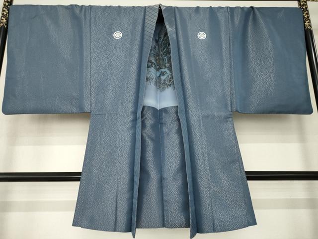 平和屋着物●男性　色紋付・羽織セット　石畳地紋　羽織：銀通し地　正絹　逸品　AABJ8194ck