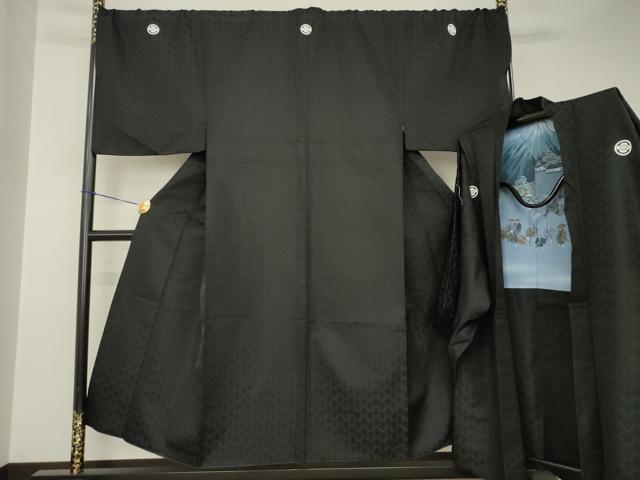 平和屋着物●男性　黒紋付・羽織セット　松葉菱地紋　洗える着物　AABJ8197ck