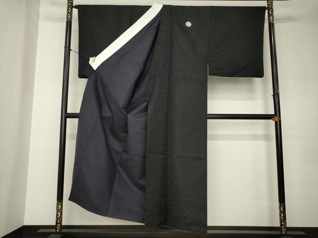 平和屋着物●男性　黒紋付・羽織セット　松葉菱地紋　洗える着物　AABJ8197ck