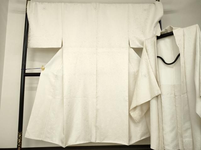 平和屋着物●男性　色紋付・羽織セット　草花地紋　白色　銀通し地　キングサイズ　洗える着物　AABJ8198ck