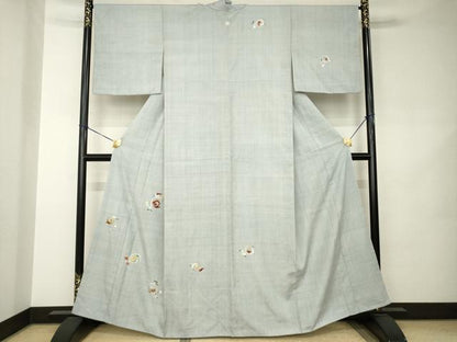 平和屋着物●訪問着　結城紬地　総刺繍　唐草文　金糸　正絹　逸品　AABJ8201ck